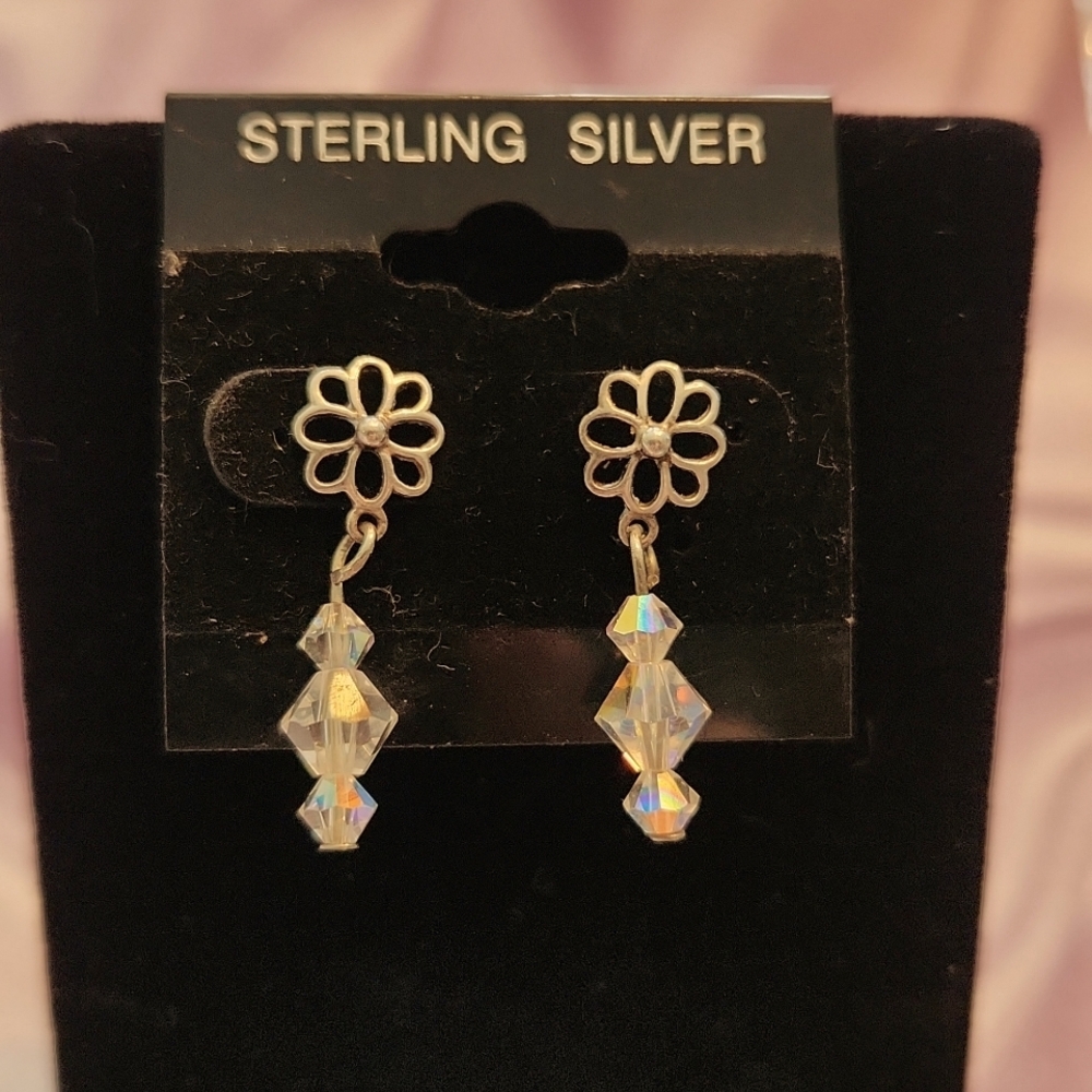 Sterling silver pierced earrings with Swarovski crystal drop dangles stamped 925
